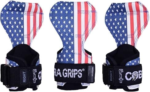 Cobra Grips Pro Guanti per sollevamento pesi, cinghie resistenti, ganci per sollevamento pesi, regolabili, in neoprene, imbottiti, supporto per il polso per bodybuilding (pelle con bandiera USA in