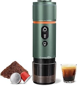 CONQUECO Macchina per caffè portatile – Caffettiera per caffè espresso riscaldamento elettrico da viaggio – per 12 V auto e campeggio – compatibile con capsule Nespresso e capsule Starbucks (verde