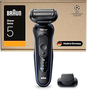 Braun Serie 5 Rasoio Elettrico Barba, Wet&Dry, Regolabarba Uomo, Rasoio Barba, 50 Min Di Utilizzo, Accessorio Rifinitore di Precisione, Senza Fili, 100% Impermeabile, 52-B1200SI, Blu